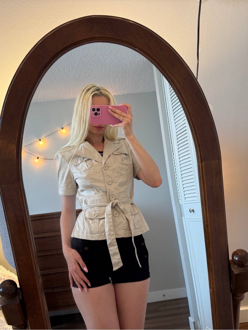 Beige Short-Sleeve Belted Utility Jacket